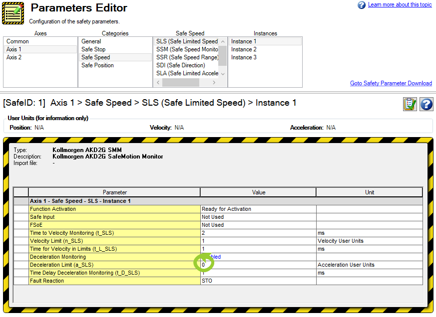 Parameters Editor with the Deceleration Limit (a_SLS) circled